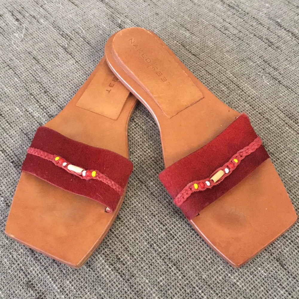 Naked Feet Square Toe Calf Hair Bead Slide Sandal